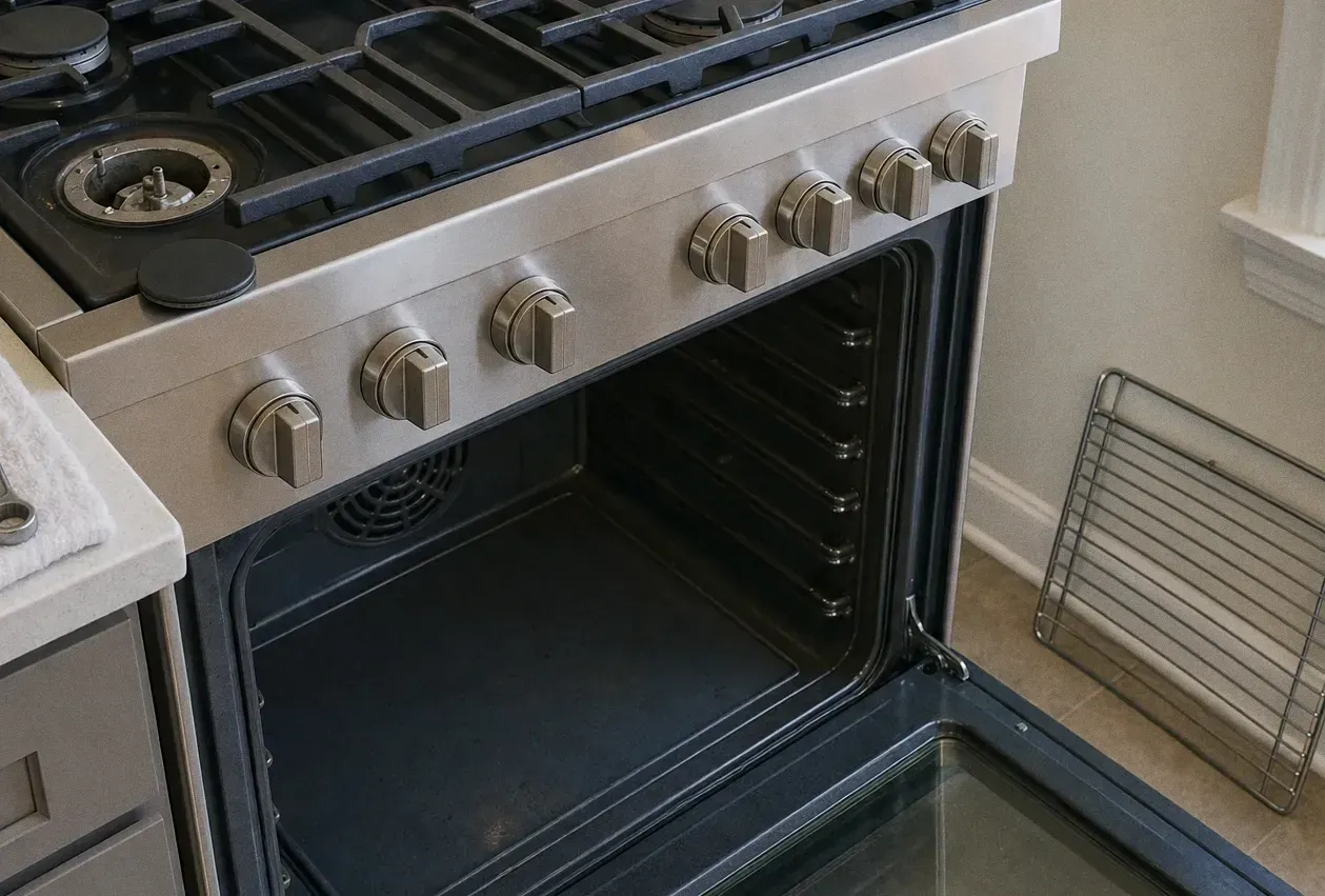 A stainless gas range with the oven door open on an empty cavity, the convection fan cover visible at the back