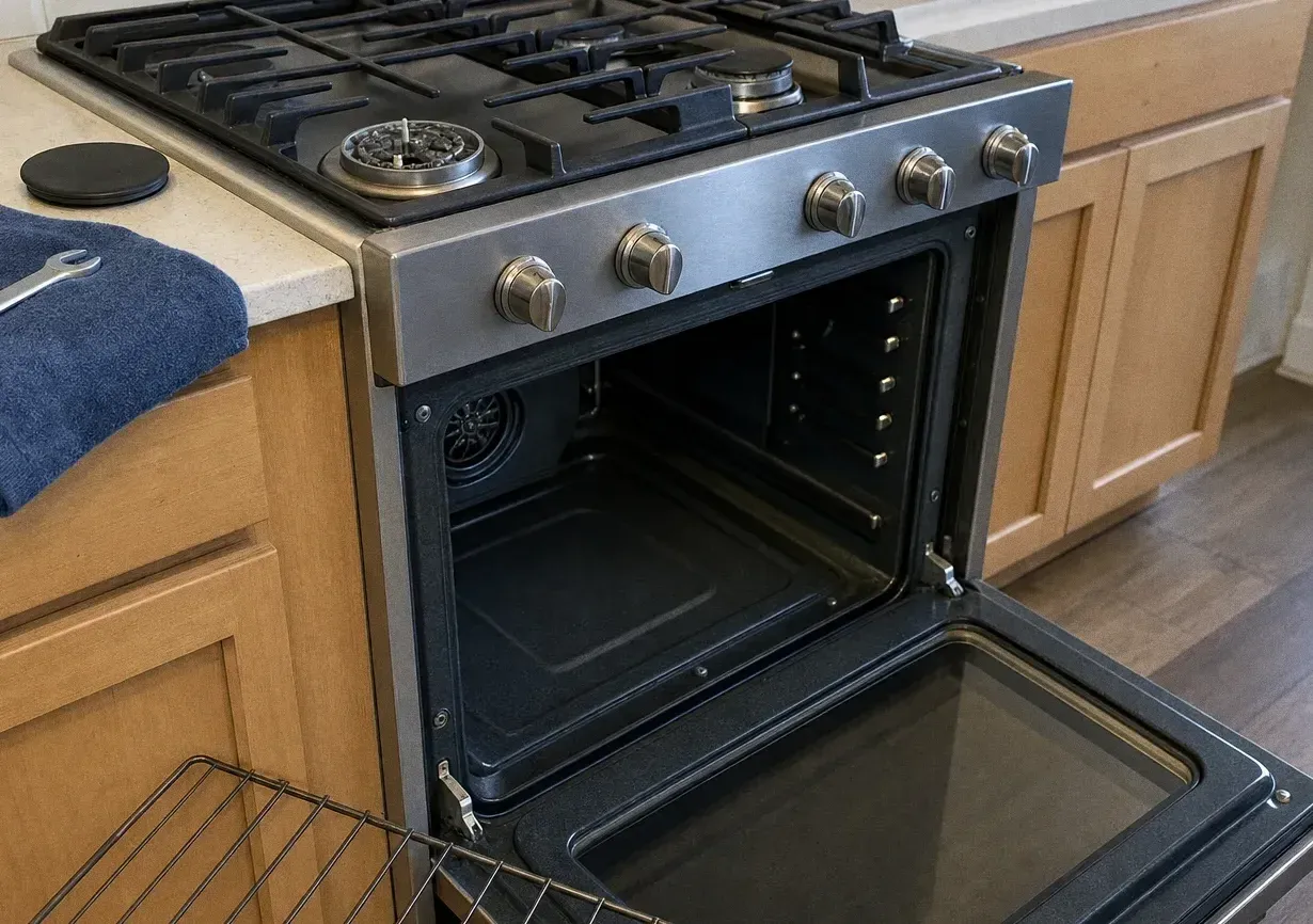 A stainless gas range set into pale wood cabinets, oven door lowered and an oven rack standing on the floor beside it