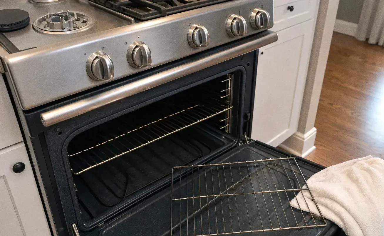 A chrome oven rack propped against the lowered door of a gas range, the knob rail running above the cavity