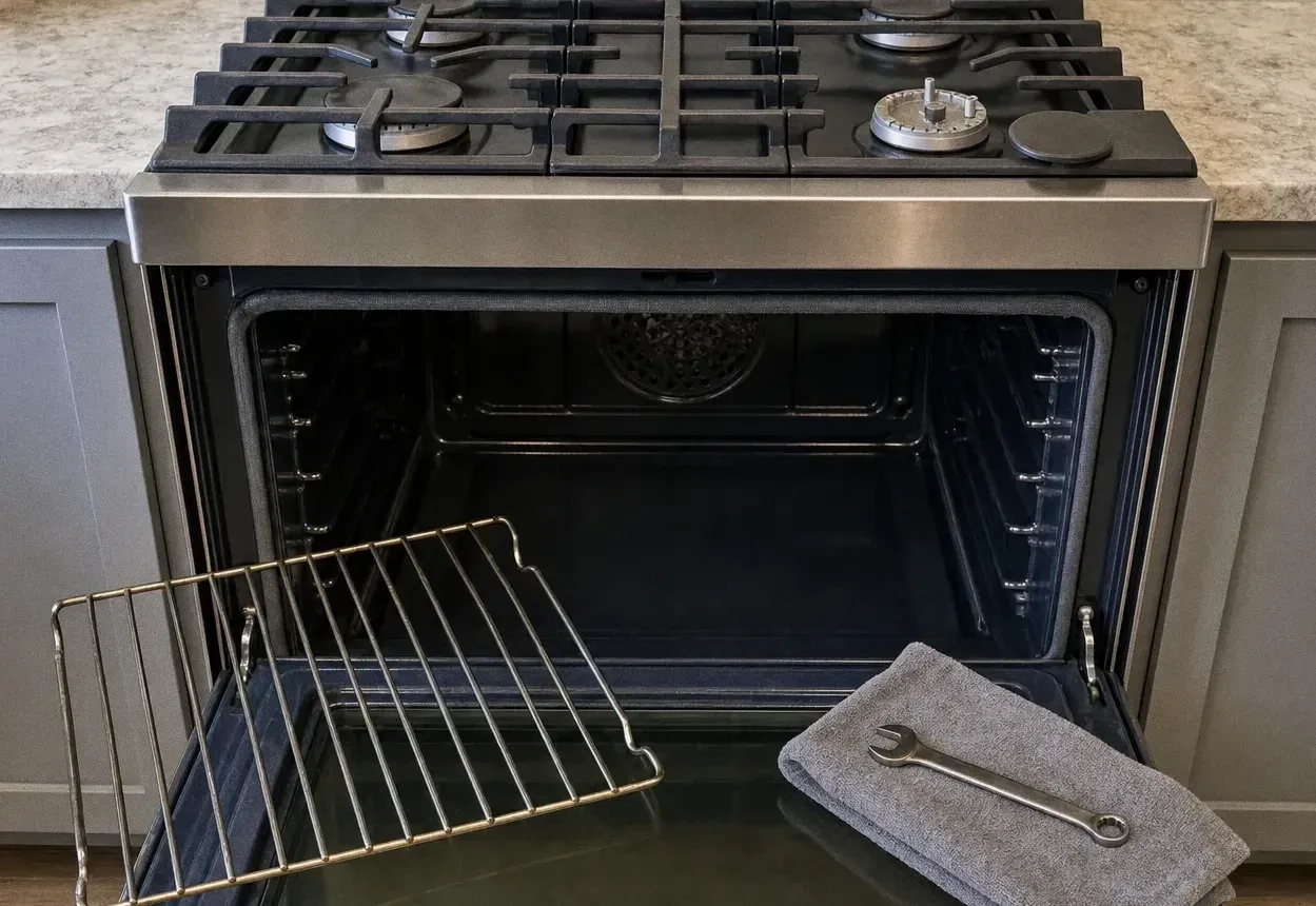 An adjustable wrench resting on a folded grey towel across the open door of a gas range, rack removed