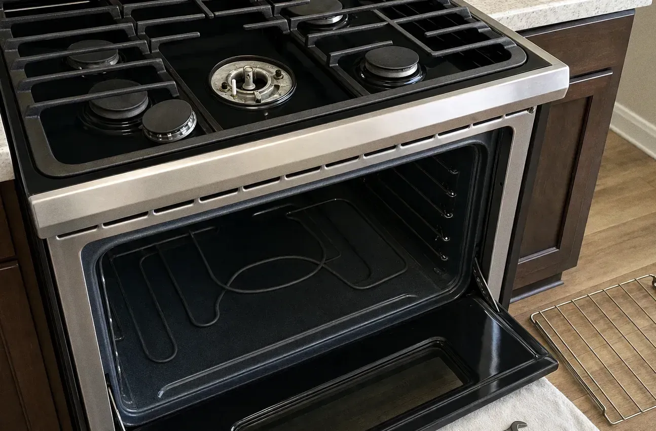 An open oven cavity with the bake element looped across the floor of the compartment