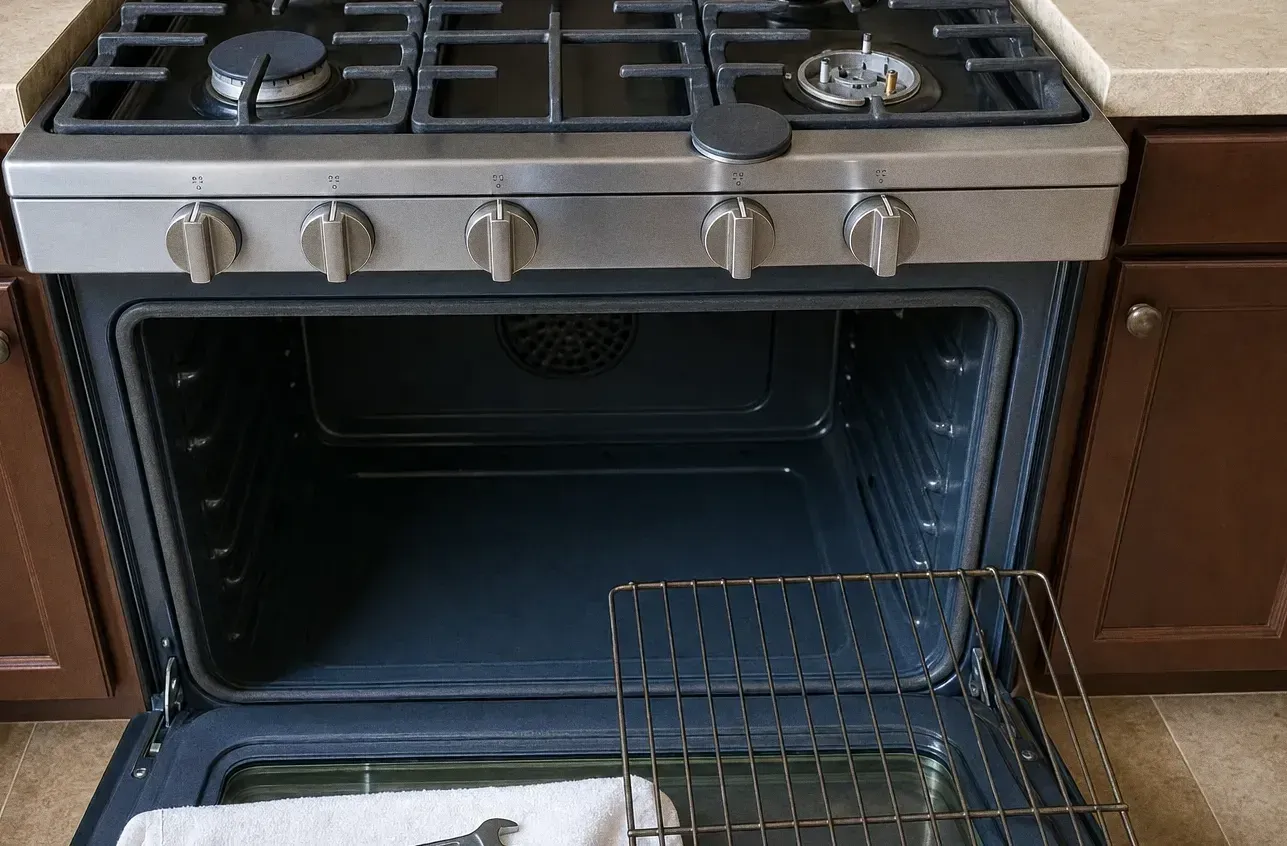 Cast-iron grates in the foreground of a gas rangetop with the oven open behind and a wrench on the floor